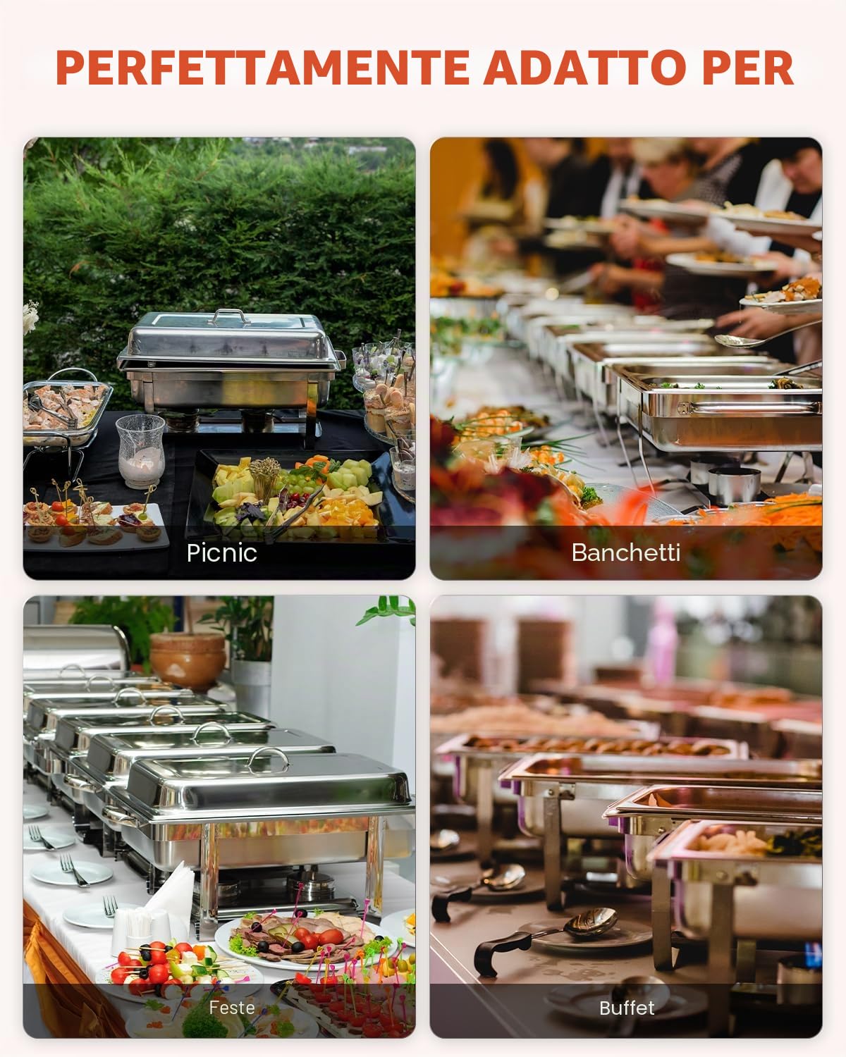 Wilprep 9L Chafing Dish Buffet Scaldavivande in Acciaio Inox Alimentare Pieghevole per Mantenere Piatti Caldi a Buffet, Feste e Servizi di Ristorazione (4 Pezzi)