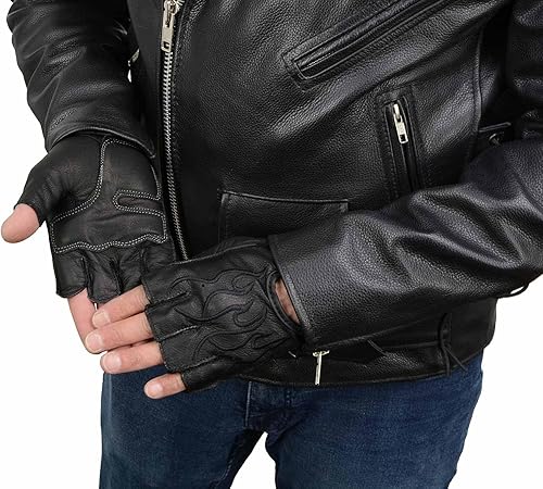 Miniatura 7 de Milwaukee Leather SH198 - Guantes de motocicleta sin dedos acolchados de gel de cuero negro para hombre con bordado de llama naranja