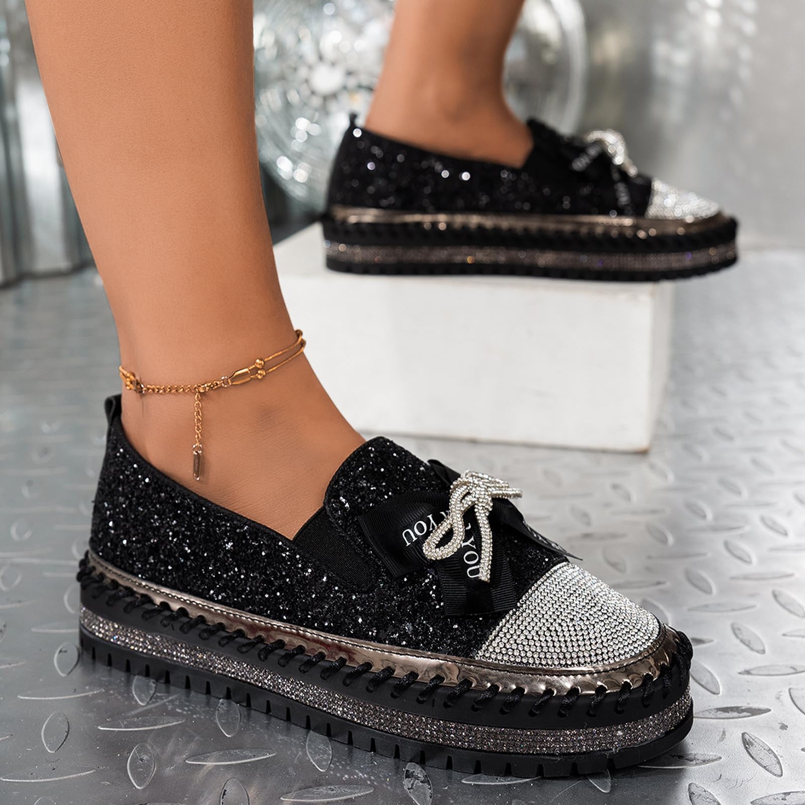 Zapatos casuales cómodos de moda con diamantes de imitación brillantes para mujer, zapatos de moda para mujer, con lazo decorado con lazo, zapatos planos casuales