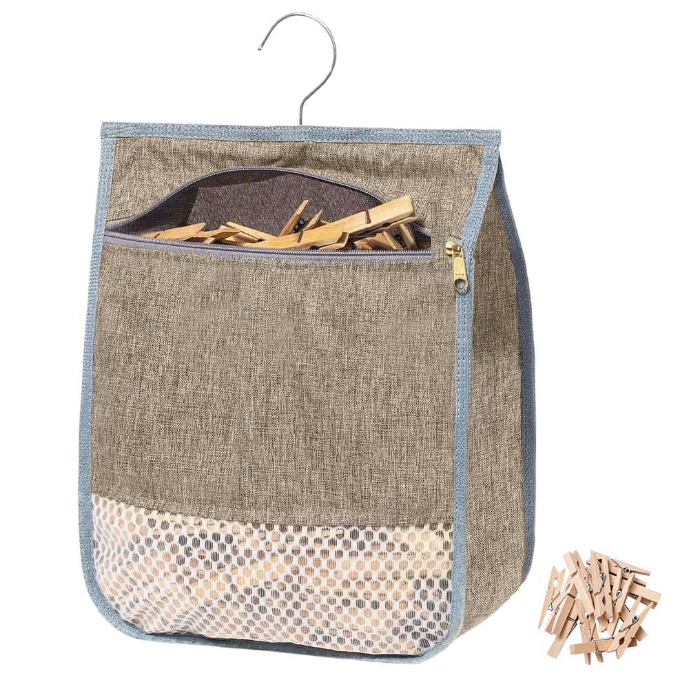 Large Peg Bag for Washing Line, Grey Clothes Peg Basket with Hanging Hook, Weather-Resistant Zipper Pouch with Mesh Bottom for Outdoor Clothesline, Rotary Washing Line & Laundry Storage (khaki)