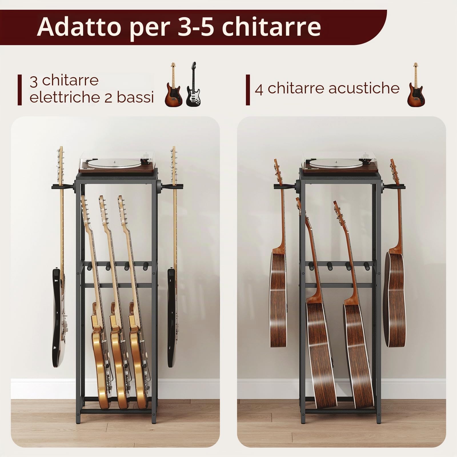 MAHANCRIS Supporto Porta Chitarre a 2 Livelli per 3 Strumenti, Chitarre Acustica, Elettrica, Bass, Ukulele, Banjo. con Ripiano per Accessori, Protezione in EVA, Nero AGSBK6301