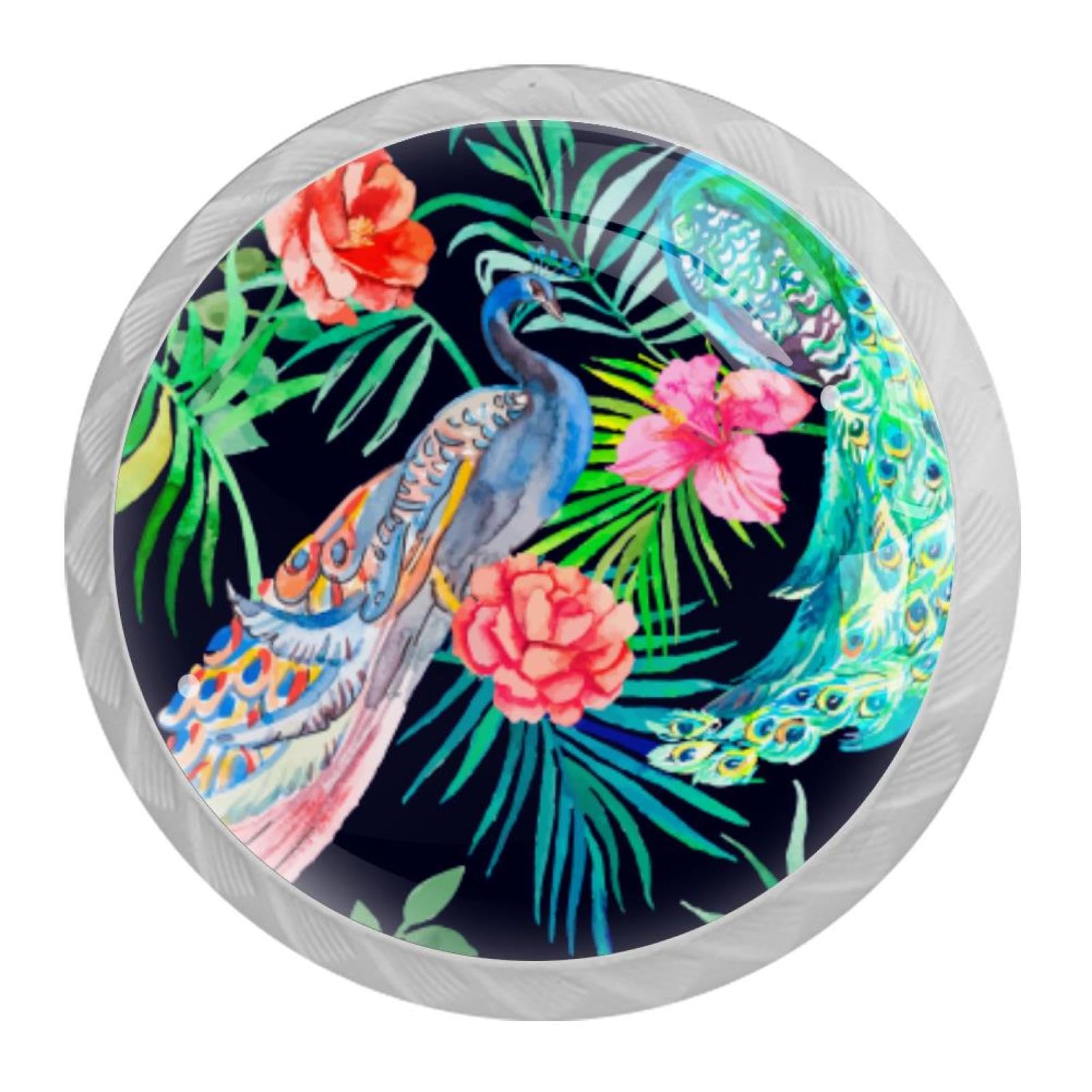 Tqmspg Multi12 4 Pieces Drawer Pulls Peacock Birds And Flowers Door Knobs Dresser Handles For Kitchen Wardrobe Cupboard Hardware Furniture