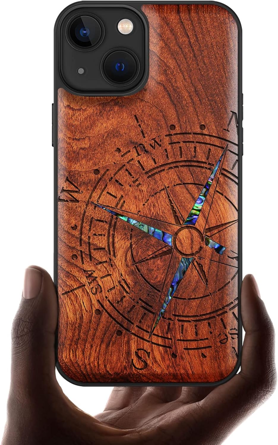 Carveit Designer Wooden Protective Case for iPhone 13 Magnetic Cover [Wood Engraving & Shell Inlay] Wood Phone Case Compatible with iPhone 13 MagSafe 6.1 Inch (Compass-Walnut)