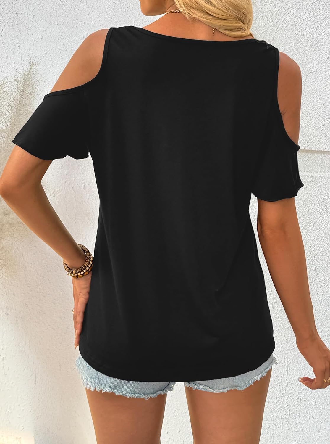 LilyCoco Womens Cold Shoulder Tops Casual Summer Short Sleeve V Neck T Shirts - Image 7