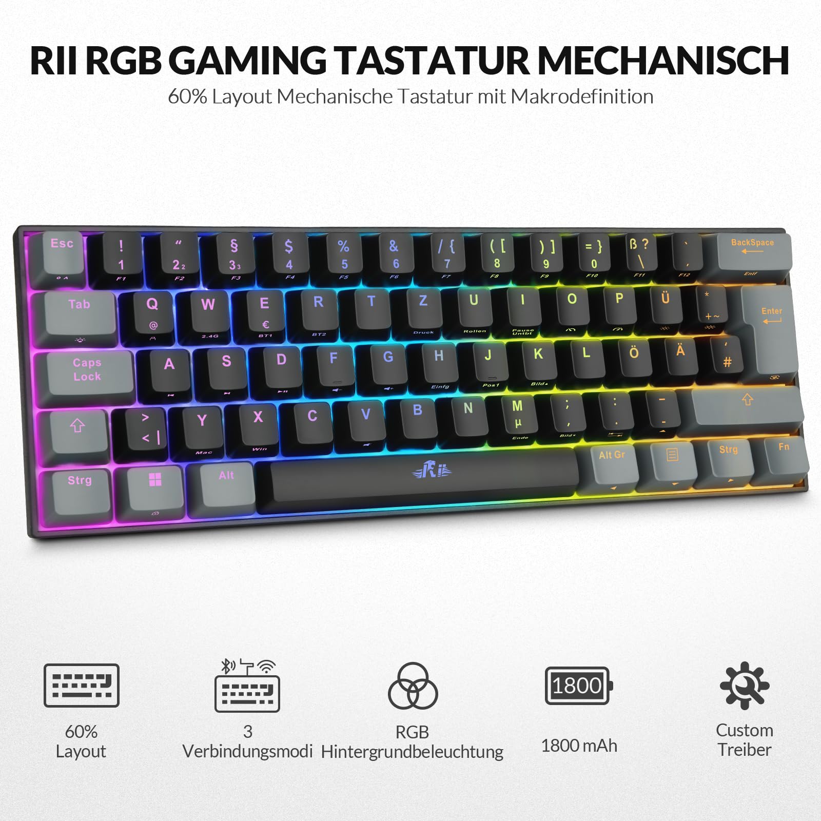 Rii Gaming Tastatur Mechanisch, 60% Tastatur Kabellos RGB Beleuchtet mit Rote Schalter und N-Key Rollover für PC/Laptop/PS4/PS5, QWERTZ, Schwarz Grau (Bluetooth/2.4G/Kabel)