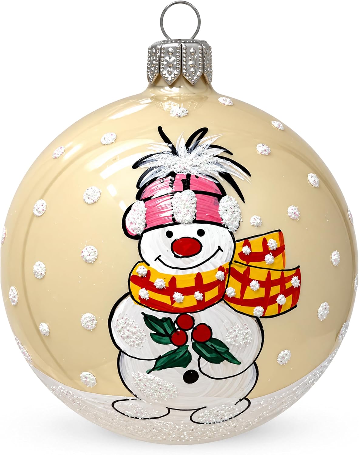 Snowman with Mistletoe Christmas Ornament Blown Glass Ball 3-inch (80mm) Vanilla Gold