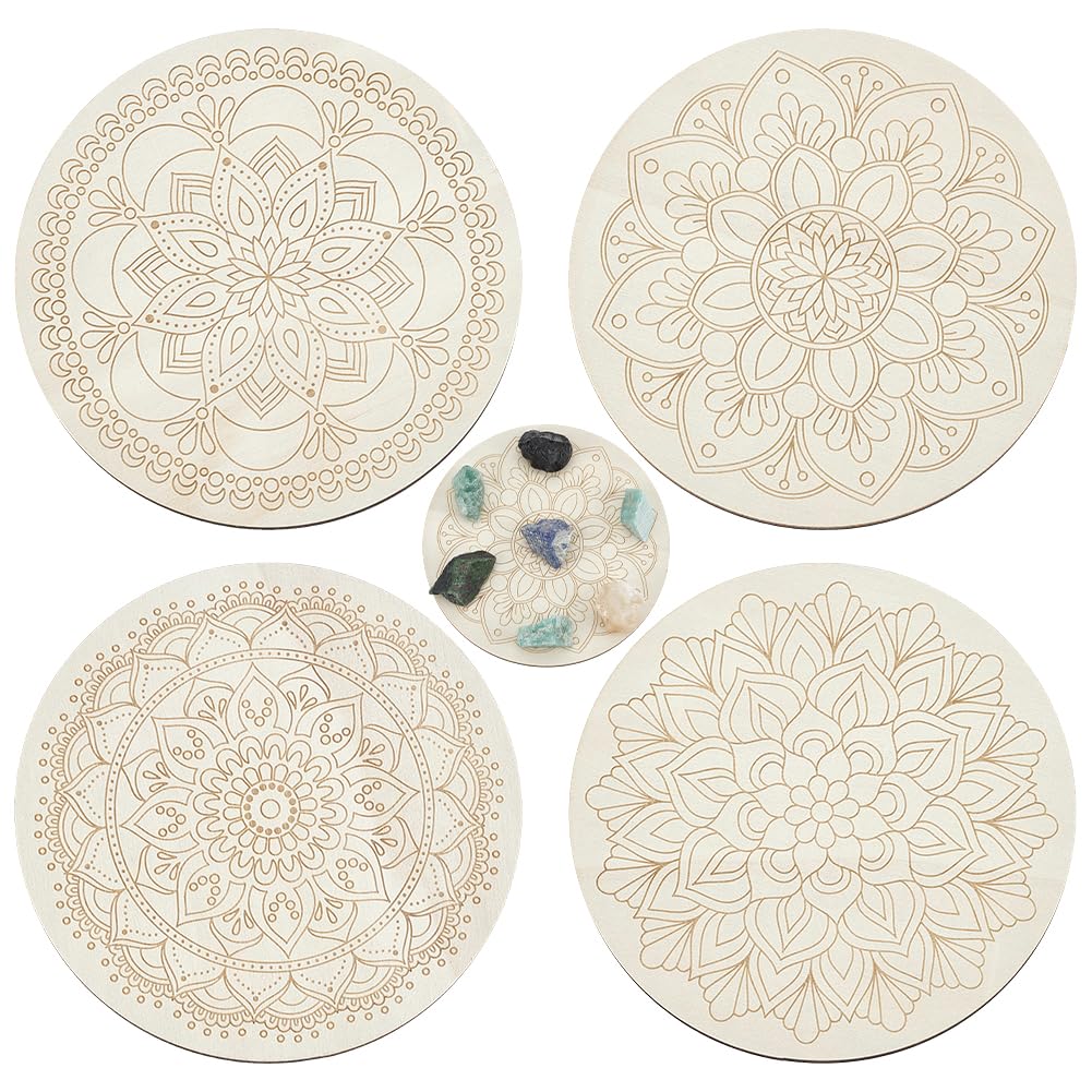 ORIGACH 4 PCS Mandala Wooden Crystal Grid Board, 5.9Inch Diameter