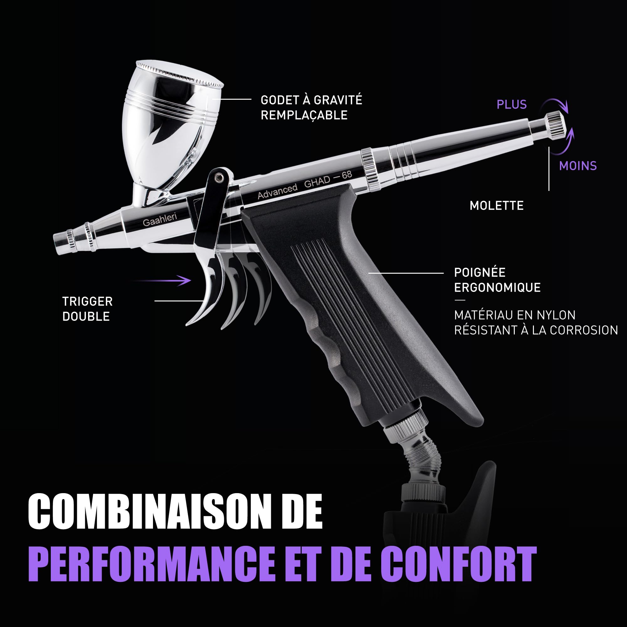 Gaahleri Aérographe, Kit d'aérographe avec trigger, Aiguilles de 0,38 & 0,5mm，Godet de 1/2 & 1/4 OZ, Séries Advanced GHAD-68