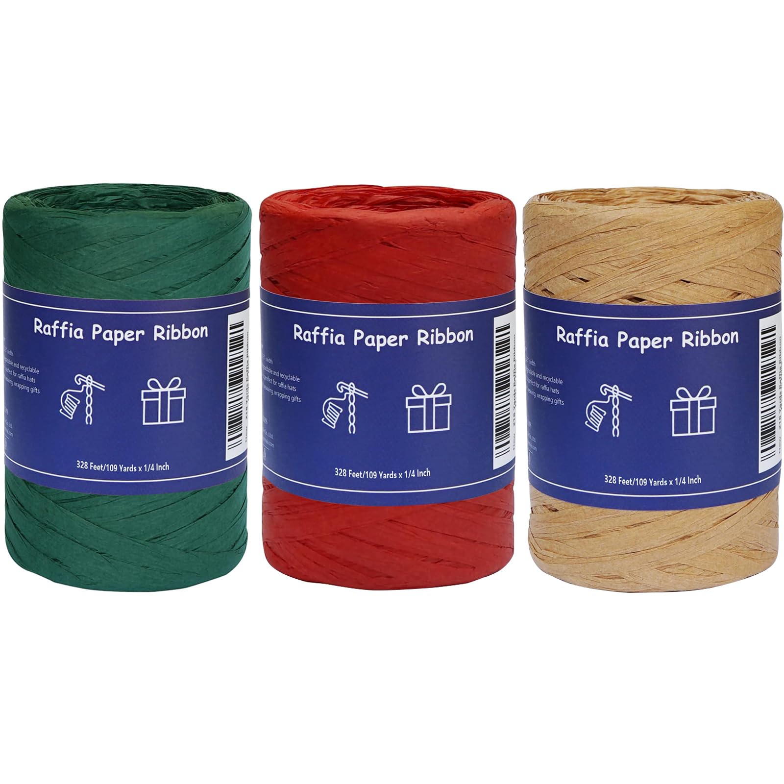 Rafia wstążka do pakowania prezentów, 3 rolki świątecznej wstążki do rękodzieła, papierowa wstążka sznurkowa - czerwony zielony kraft, szerokość 1/4 cala, 327 jardów