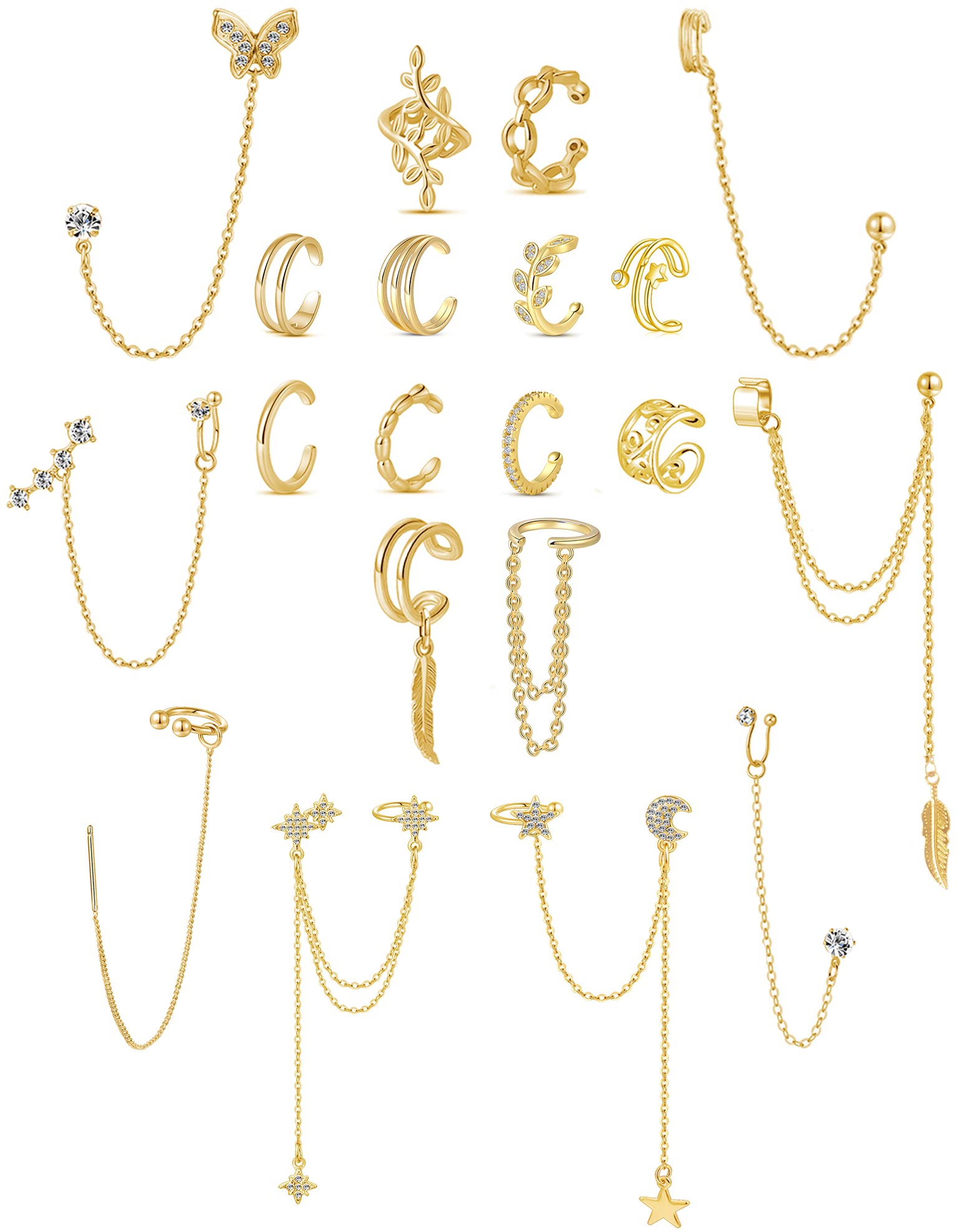 20Pcs Ear Cuff Earrings Clips On Helix Cartilage Dangle Chain Wrap Cuff Earrings for Women Girls Silver Gold Tone Adjustable