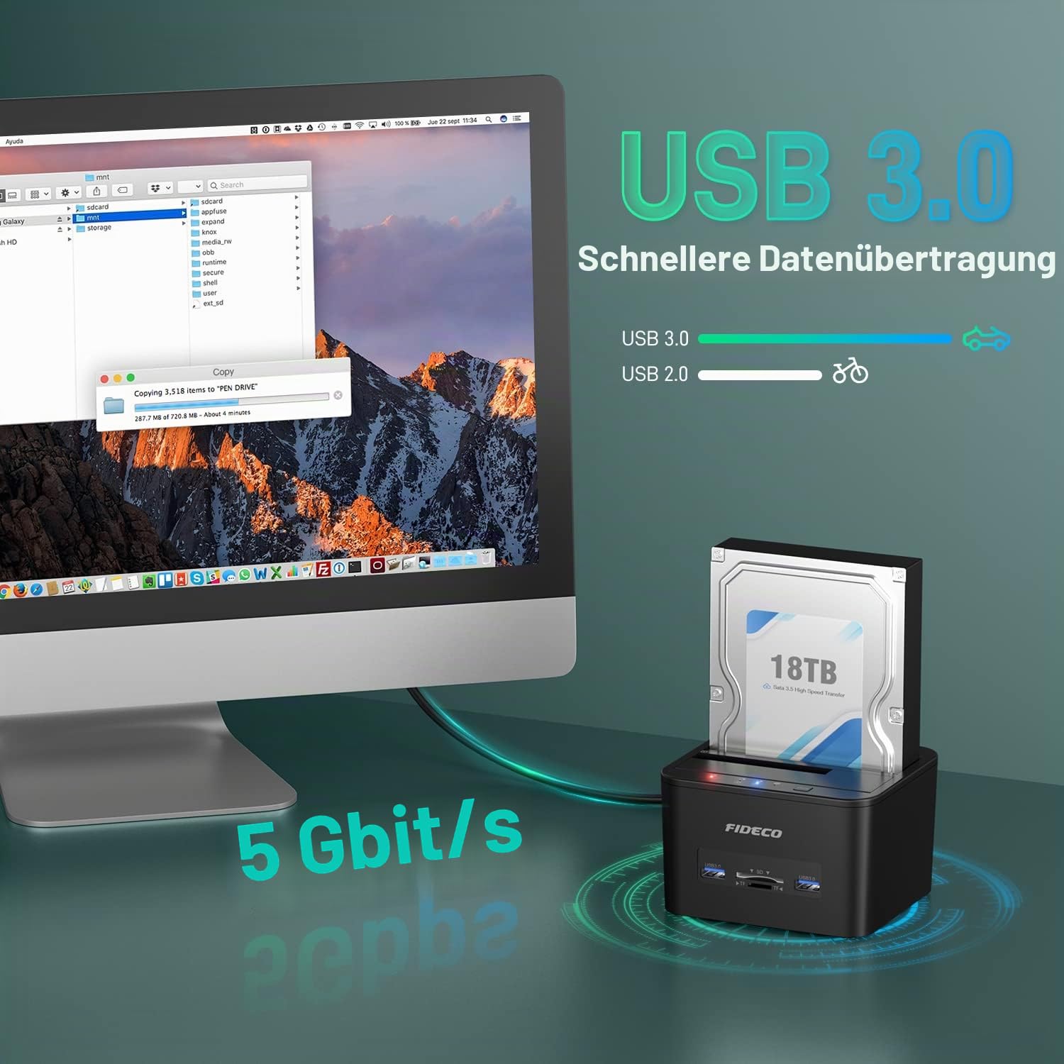 FIDECO Docking Station für 2 SATA-Festplatten, USB 3.0, Klonfunktion, 2,5-Zoll- und 3,5-Zoll-Festplatte, SSD, SATA-Festplatte