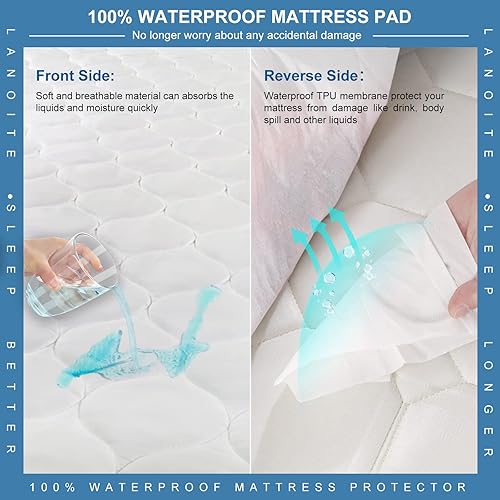 Miniatura 3 de Funda protectora de colchón impermeable individual con bolsillo profundo ajustado de 8 a 21 pulgadas, relleno alternativo transpirable (blanco,