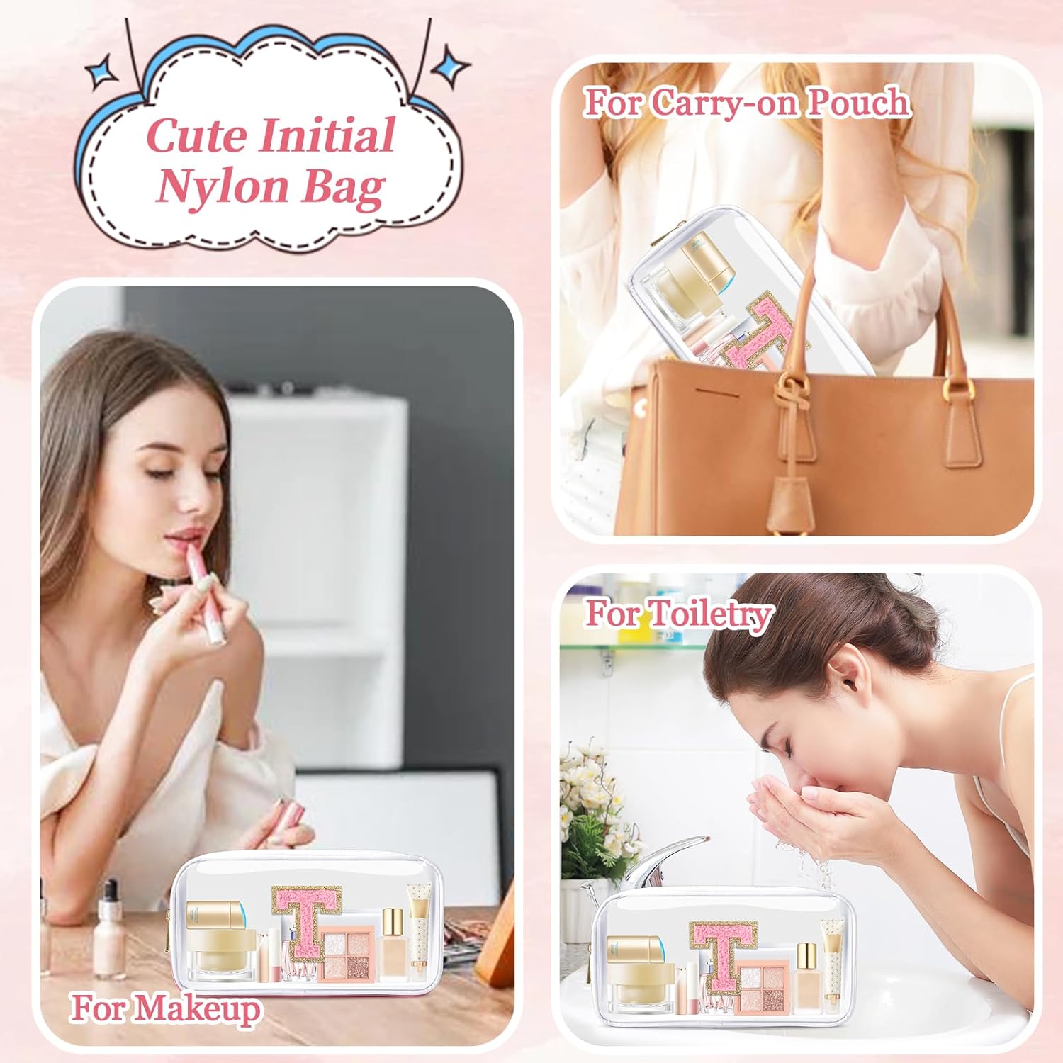 Small Clear Personalized Initial Makeup Bag, Preppy Nylon A-Z Chenille Letter Patch Makeup Organizer TSA Approved Travel Toiletry Bag,Waterproof Zip Beach Cosmetic Pouch Purse for Women(White-Pink T) - Image 5