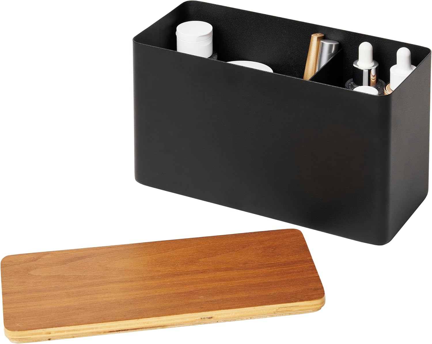 YAMAZAKI Home Rin Countertop Organizer Bathroom Kitchen Counter Organizer Metal Toiletries Holder - Steel + Wood