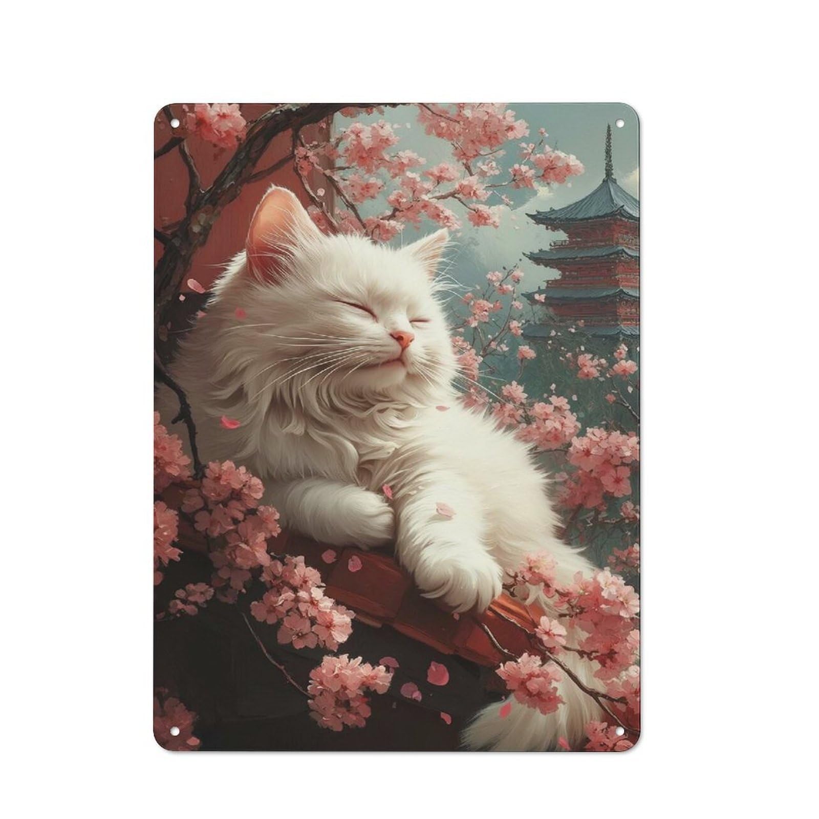 Junmoney Style-21 White Cat With Cherry Blossoms Vintage Metal Wall Decor 40X30cm, Vintage Metal Sign For Cafe, Bistro, Bakery Or Restaurant