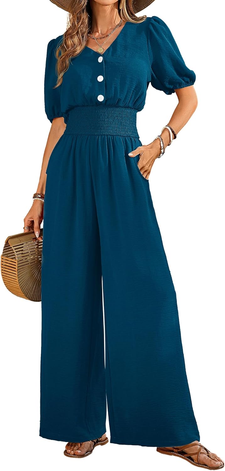 Womens Jumpsuits Short Sleeve V Neck Dressy Casual Wide Leg Pants Romper 2026 Summe...