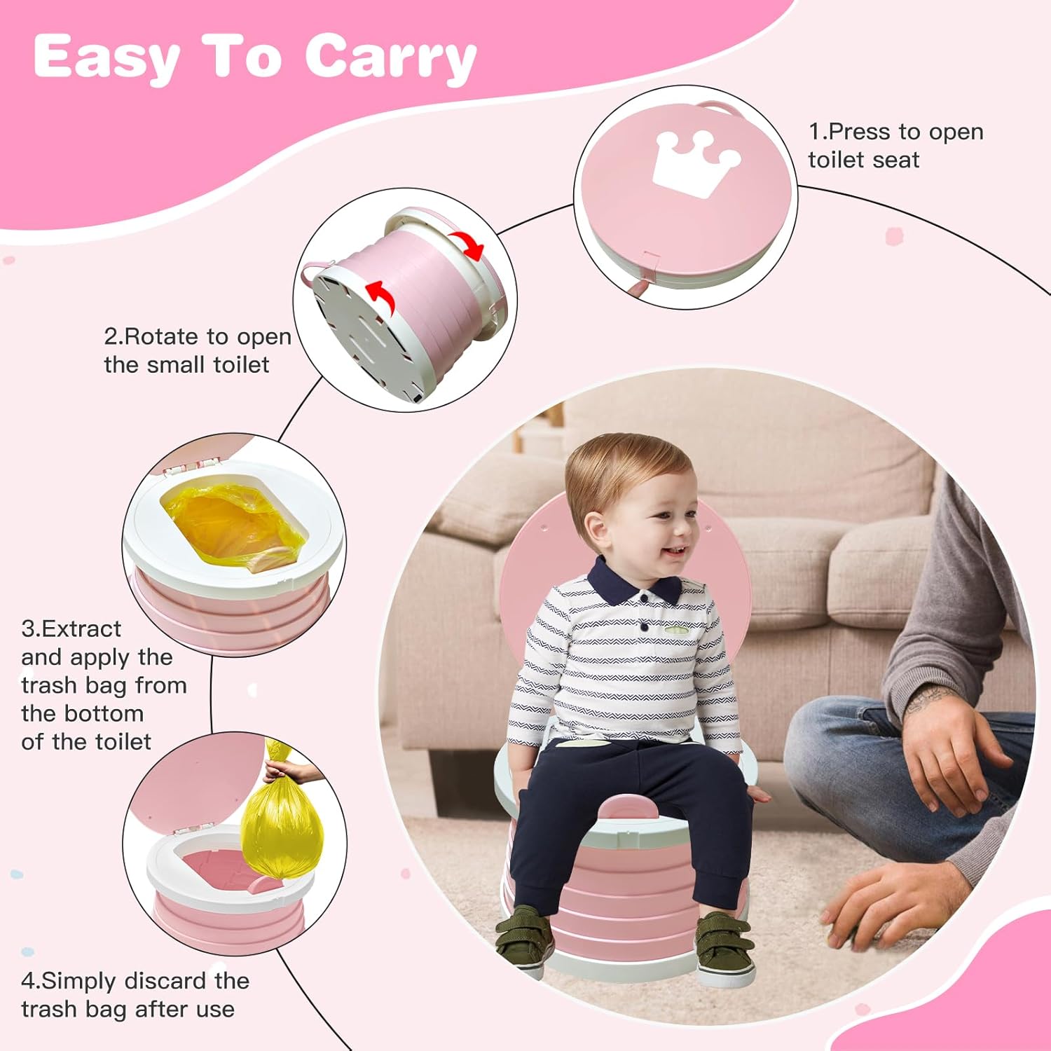 2026 Upgraded Portable Potty Chair for Toddlers with Splash-Proof Design, Foldable Travel Potty with Bag & 30 Refills - Kids Toilet for Car, Camping, Indoor - Easy Clean Baby Potty Training Seat(Pink)