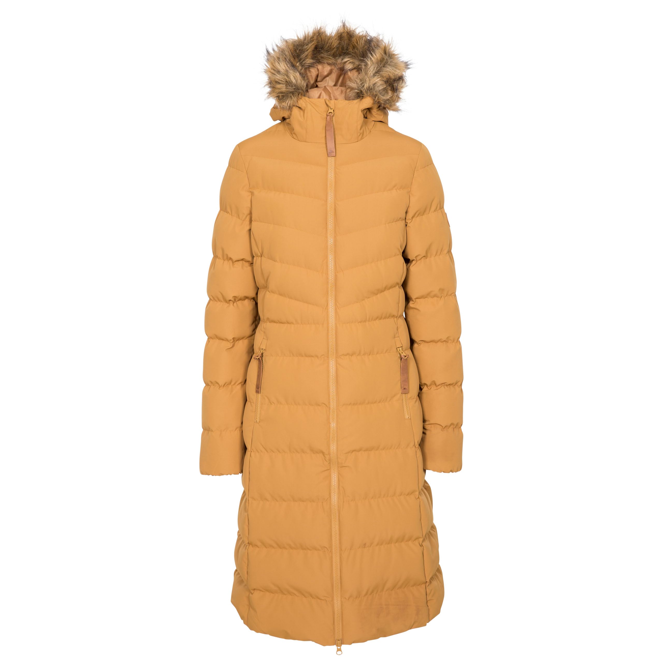 Trespass Women's Sandstone Jacket Audrey - Waterproof 2000Mm, Windproof, Faux Fur Trim, Padded, 2 Zip Pockets, Grown On Hood, Two Way Front Zipper, Longer Length, Badge Detail On Sleeve