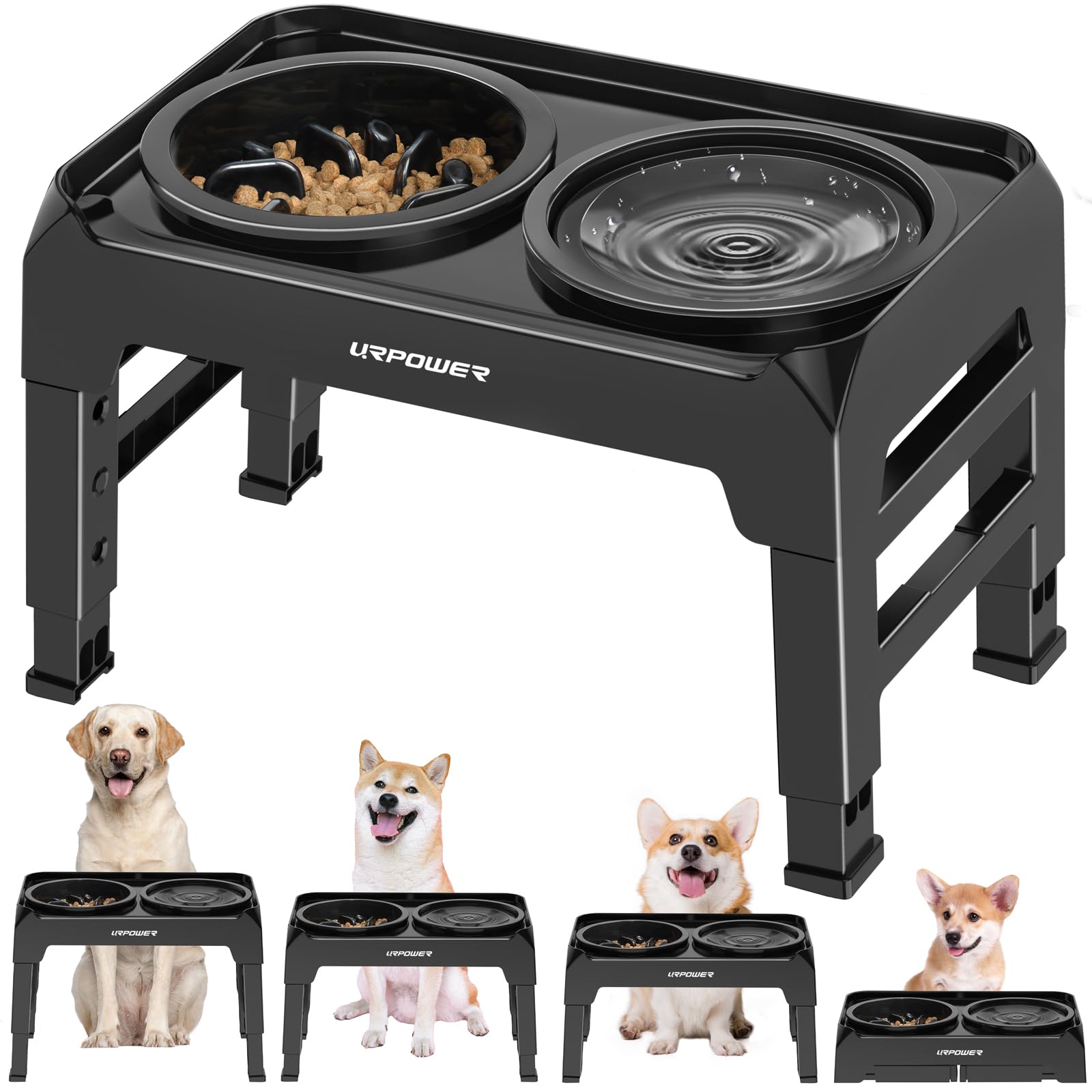 URPOWER 2-in-1 Elevated Dog Bowls Mess Proof Slow Feeder Dog Bowls with No Spill Dog Water Bowl 4 Height Adjustable Raised Dog Bowl Non-Slip Dog Food and Water Bowls for Small Medium Large Dogs