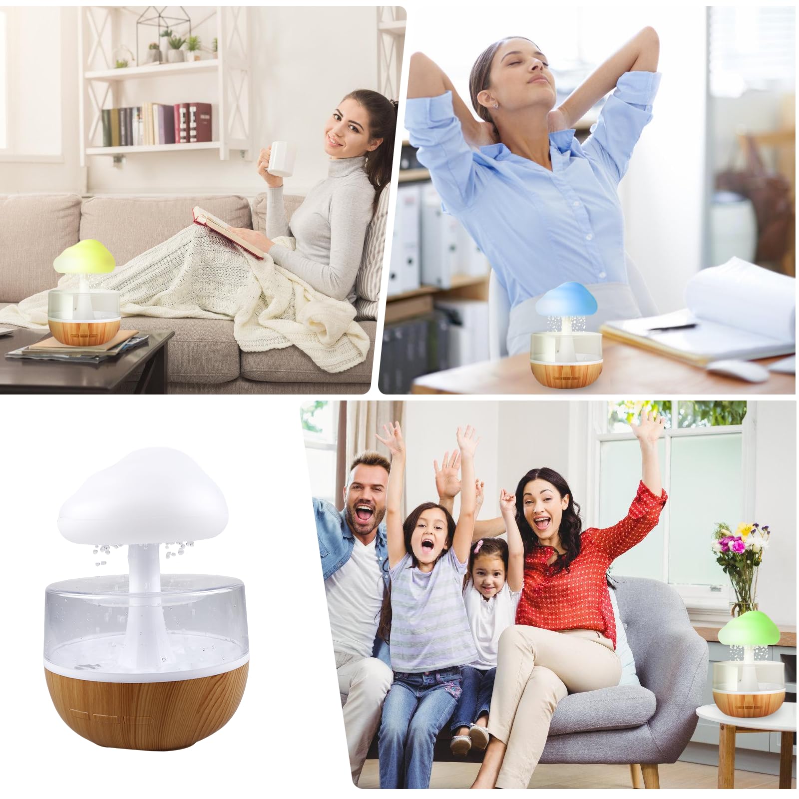 Nuages de pluie Humidificateur avec veilleuse : fontaine à eau nuageuse 3 en 1, diffuseur d'huiles essentielles, 7 couleurs veilleuse, bureau, table