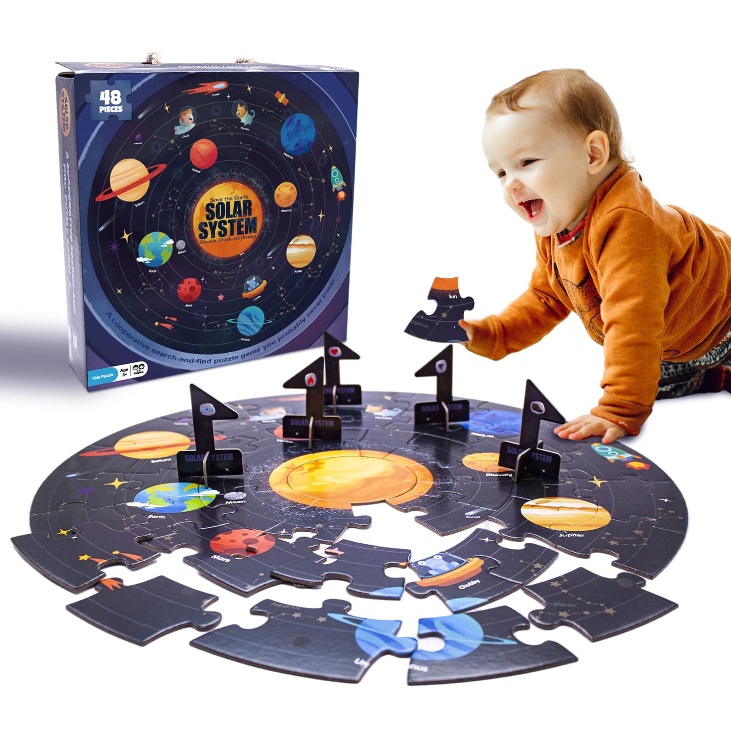 Puzzle Sistema Solar De 70 Piezas – Rompecabezas Circular De Suelo Para Niños De 3 A 8 Años, Con Efecto Luminoso Y Póster Guía 1:1