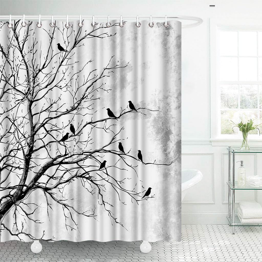 FuShvre Black and White Shower Curtain Tree and Birds Bath Curtain Nature Bathroom Decor Hooks Included 72x72 inches (Grey)