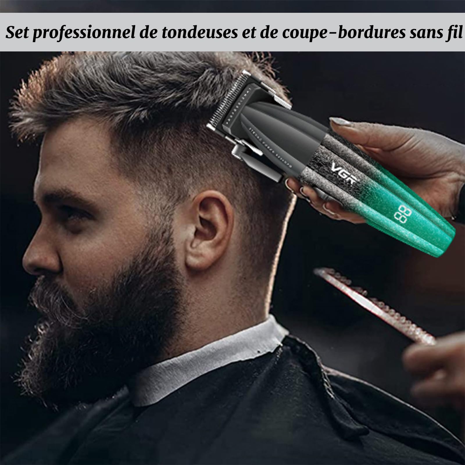 VGR 640 S3 Tondeuse Cheveux Homme Professionnel, Rechargeable Tondeuse Finition et Rasoir À Grille Kit de Coupe, Kit Coiffure Machine Sans Fil avec Écran Led pour Barbier et Usage Domestique, Vert