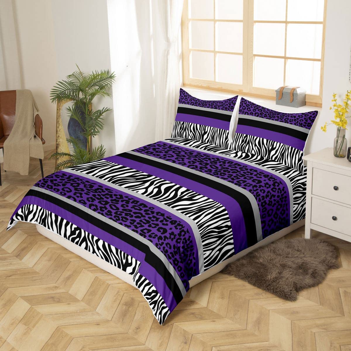 richhome Leopard Print Bedding Set Zebra Stripes Comforter Cover for Kids Boys Girls Teens Purple Black White Zebra Leopard Fur Duvet Cover Safari Animal Hair Bed Set Room Decor Single Size - Image 3