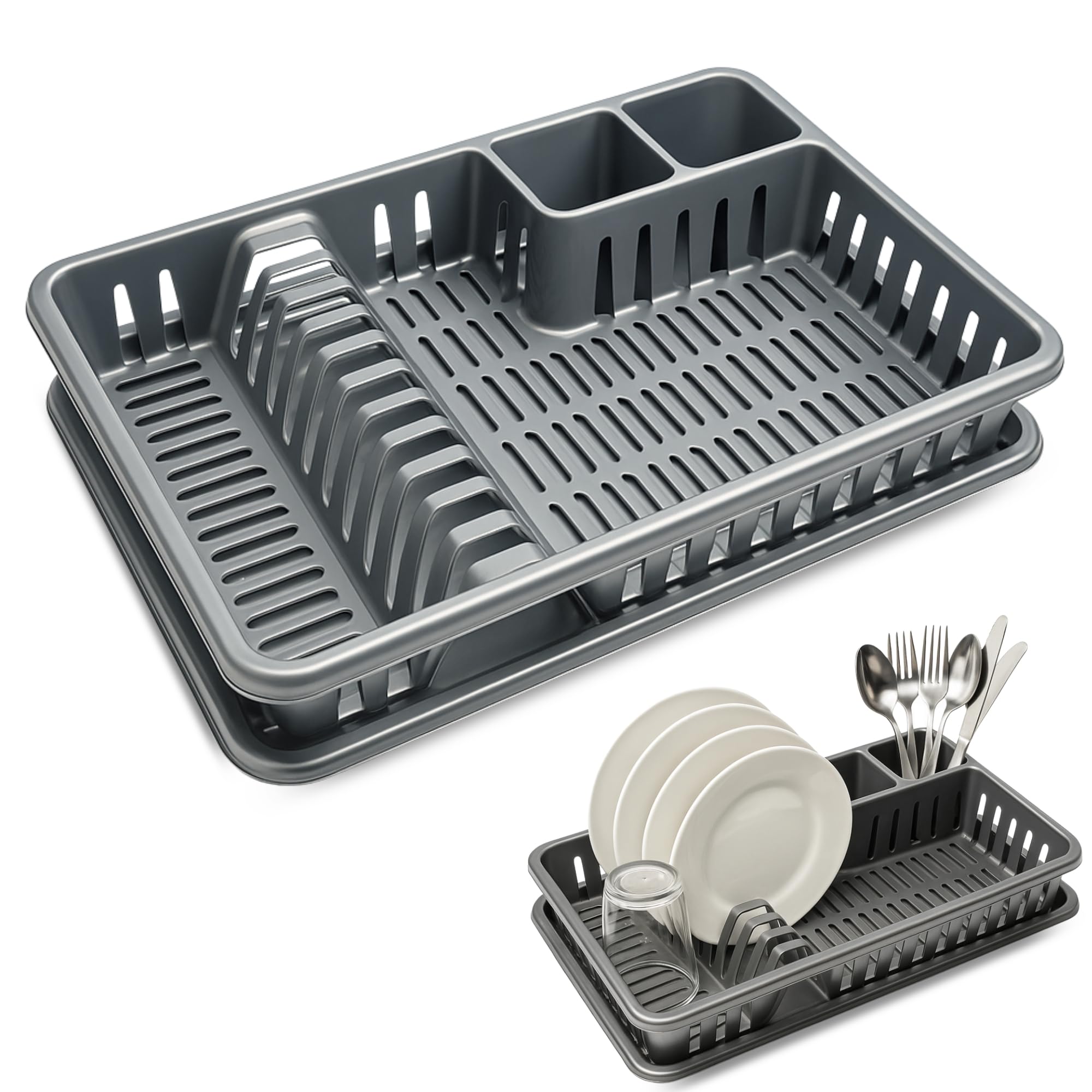 CHEFZOCO Escurreplato de plástico, Escurridor de Platos, Escurridor Fregadero de 2 módulos, con Bandeja Anti-Goteo, 45 cm de Ancho x 29.7 cm de Fondo x 8 cm de Altura, Gris
