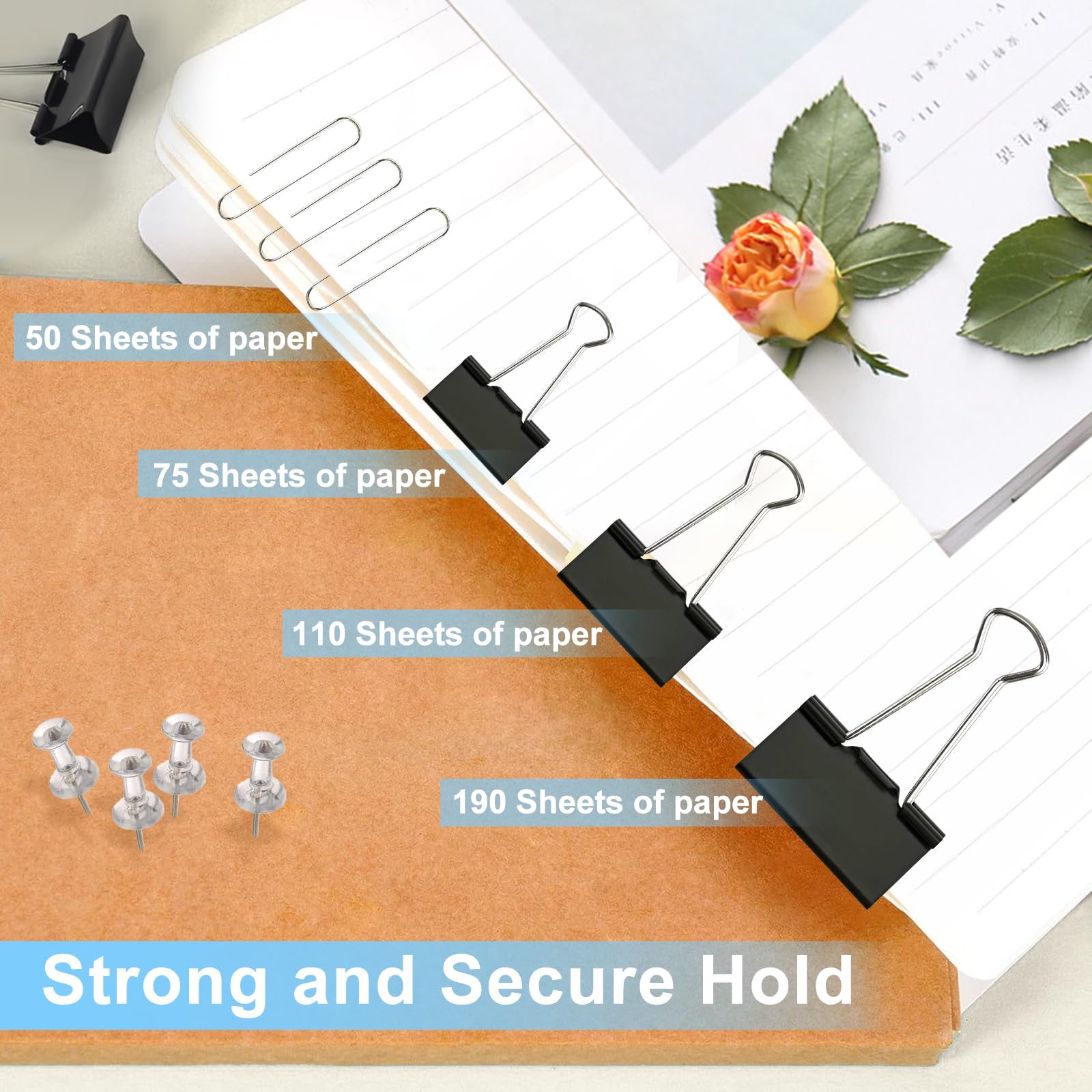 Paper Clips and Binder Clips Assorted Sizes, 240 PCS Colored Office Clips Set Large Medium Small Paper Clamps Paperclips Push Pin Thumb Tacks, College Supplies Home Office Supplies Document Organizing