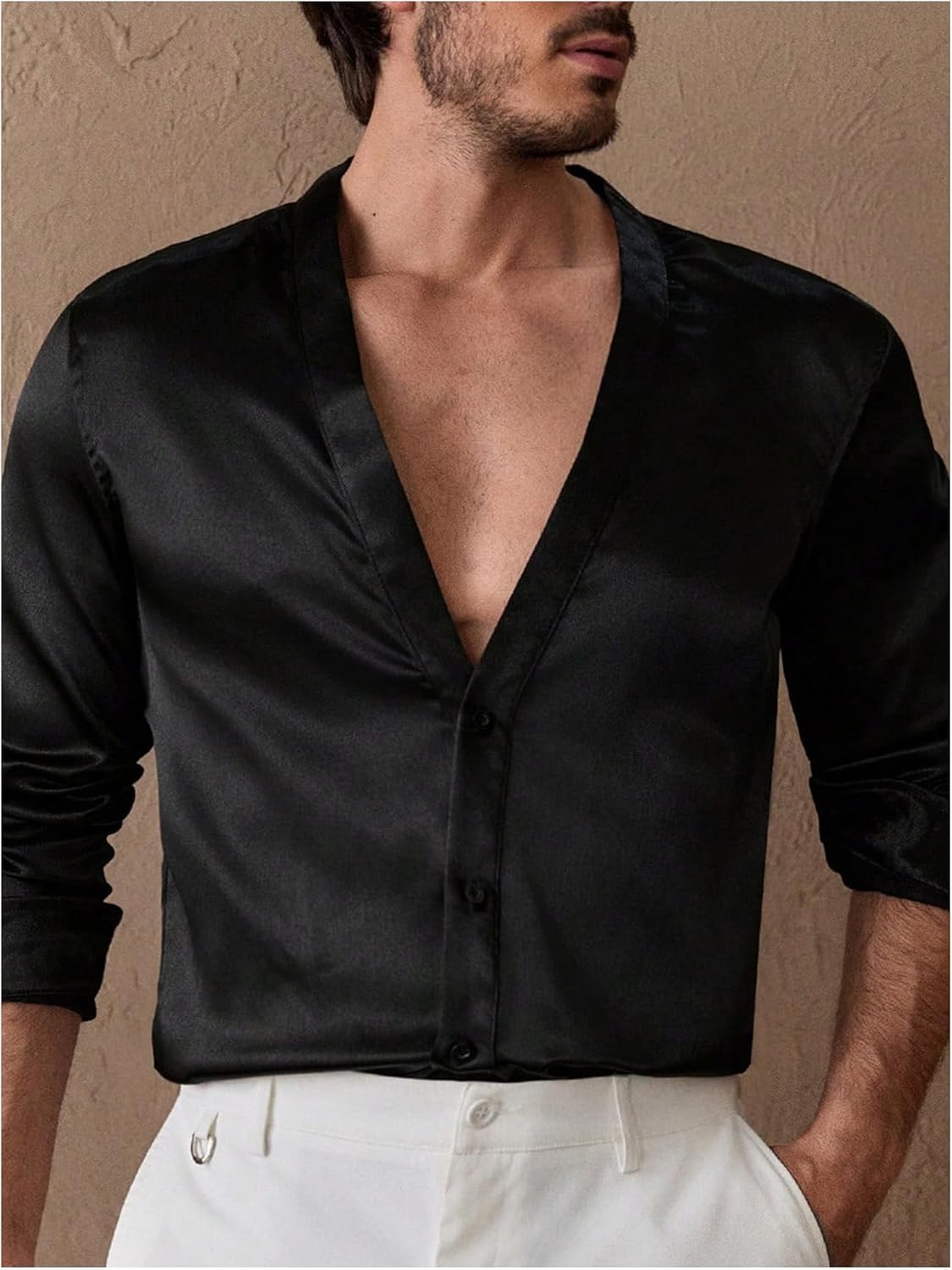 Floerns Men's Wedding Long Sleeve V Neck Shirts Shiny Satin Prom Party Club Shirts - Image 2