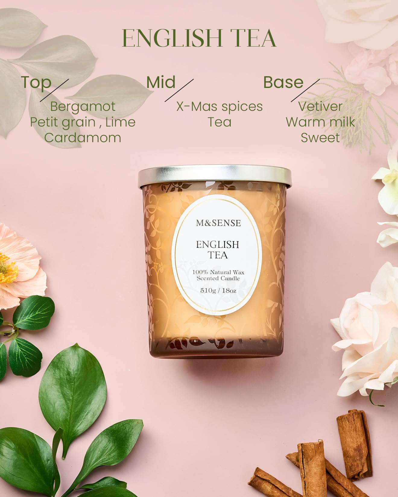 M&SENSE 510g Scented Candle, Lemon English Tea Scent, Wooden Wick Candle, Crackling Candles, 100h Long Burning Large Candles - Image 3