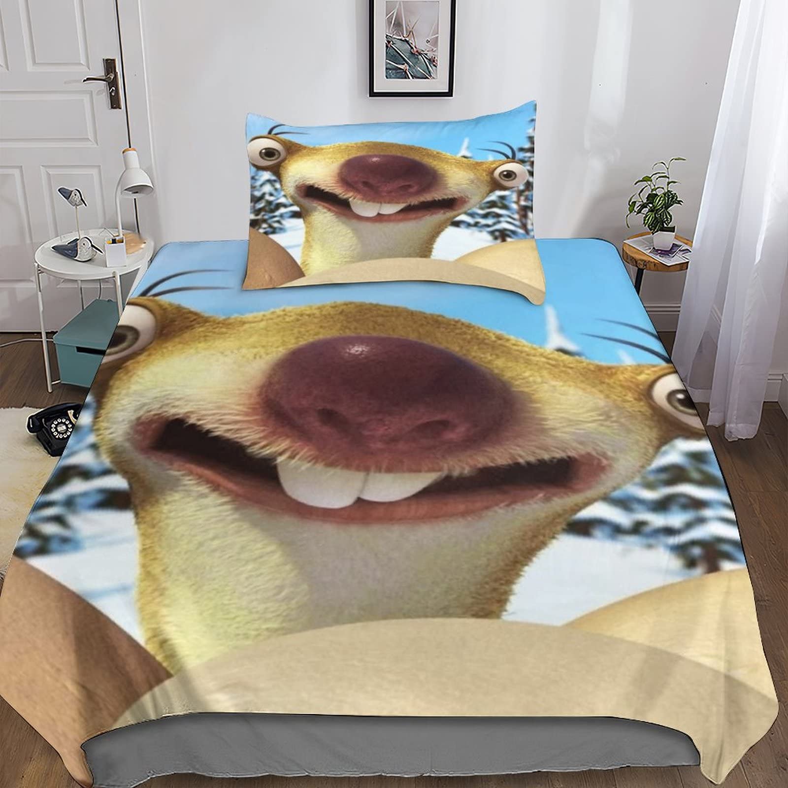 INDYAH Ice Age 3D Printed Bedding Set for Children Teens Animation Duvet Cover Set with Pillowcase Microfiber Quilt Cover with Zipper Closure Single（135x200cm）