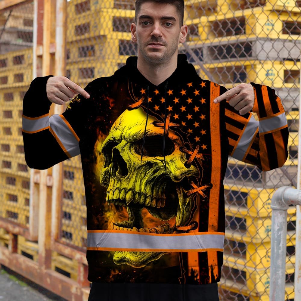 Matedecor Skull US Flag Reflective High Visibility Hoodie For Men Construction Hi Vis Safety Workwear Custom Name