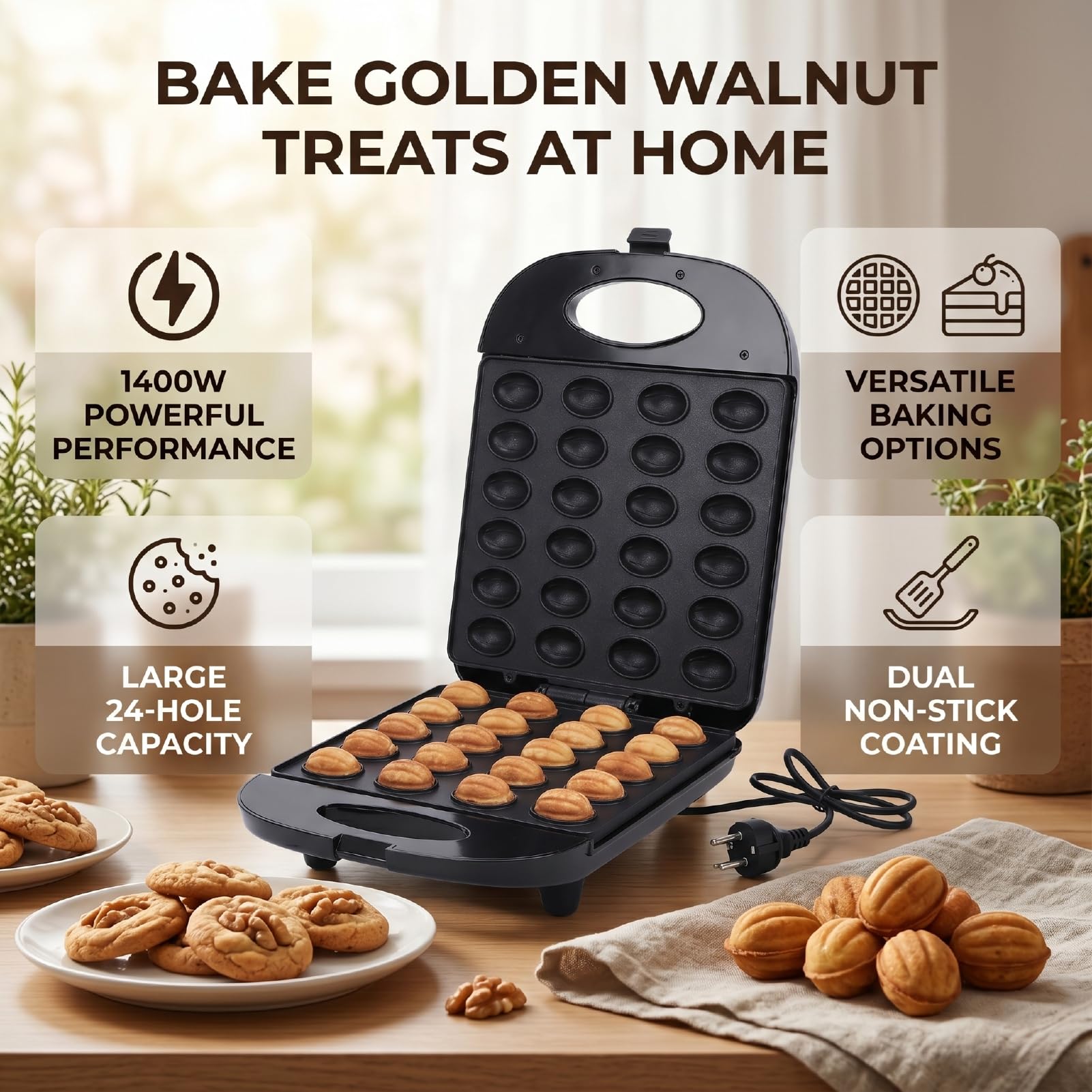 Macchina per la Colazione, Macchina per Biscotti Alle Noci e Noci Antiaderente a Doppia Faccia da 1400 W a 24 Fori per la Cottura Quotidiana in Casa (Spina europea 220 V)