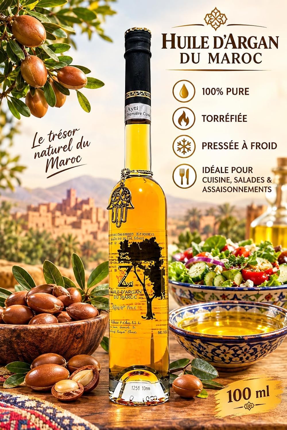 Aceite de Argán Alimentario de Marruecos 100 ml – 100% Puro – de Semillas de Argán Tostadas y Prensado en Frío – Aceite de Argán para Cocina, Ensaladas y Condimentos – Botella de 100 ml