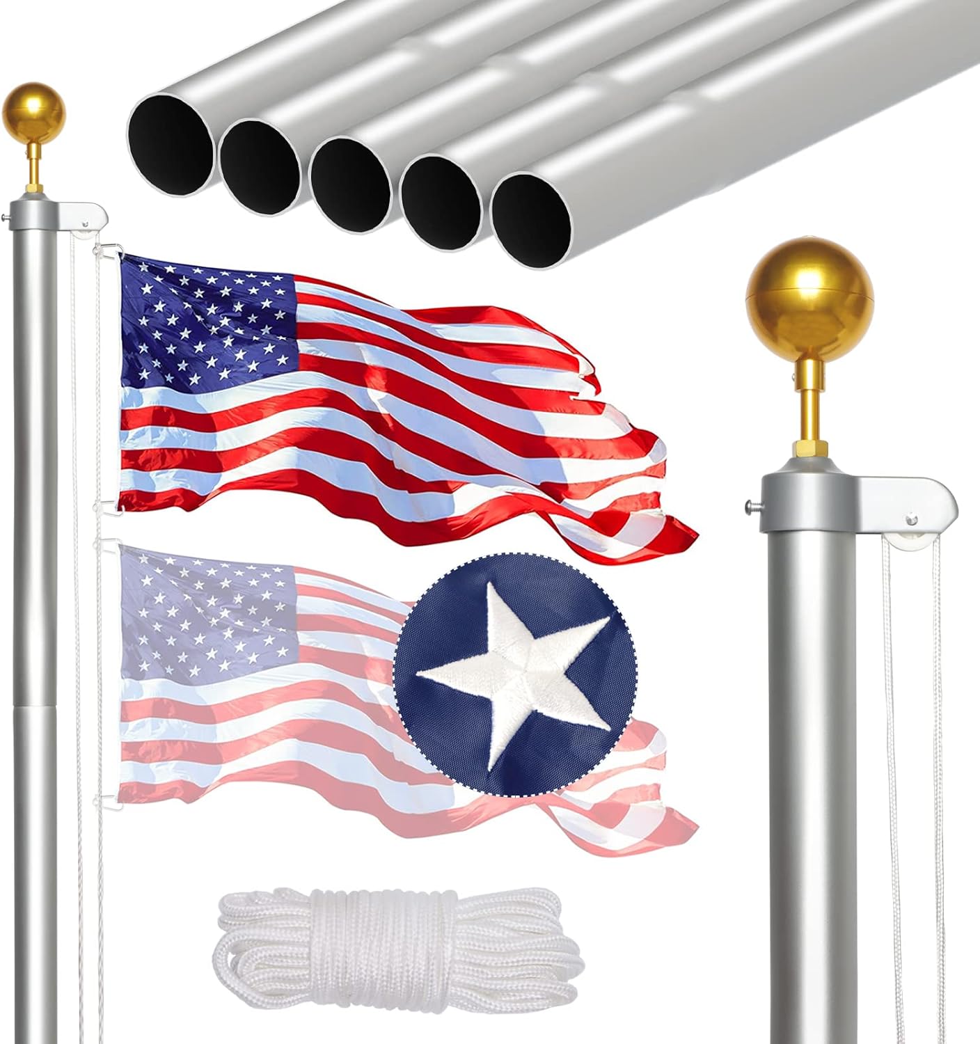 Buy NELXINJO 20FT Sectional Flag Pole Kit, Heavy Duty Aluminum Outdoor InGround Flagpole, Gold