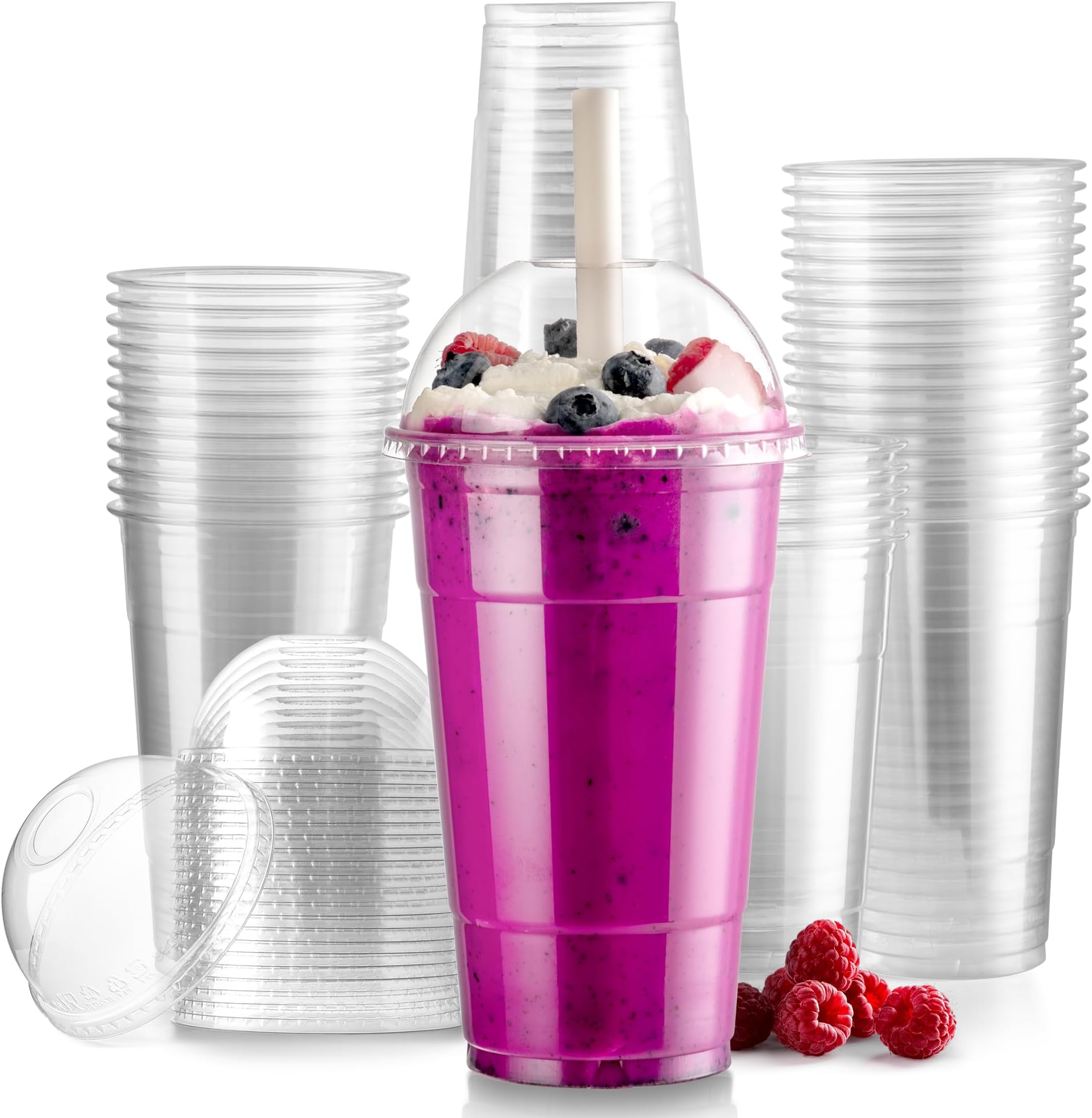 Fit Meal Prep 100 Pack 24 oz Disposable Plastic Coffee Cups with Dome Lids, To Go Iced Coffee Cups with Lids, BPA Free Clear Parfait Cups for Party, Smoothie, Bubble Boba, Juice, Milkshake