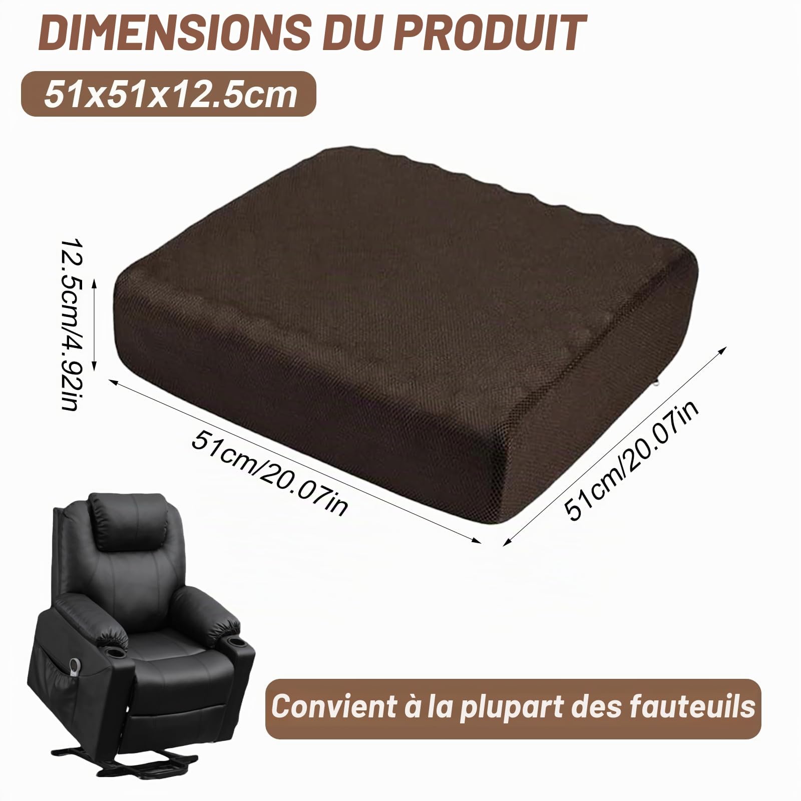 Grand Coussin Rehausseur de Siège en Mousse à Mémoire de Forme pour Chaises Longues, Canapés, Fauteuils, Coussin Épais, 51x51x12,5 cm (Couleur de café)