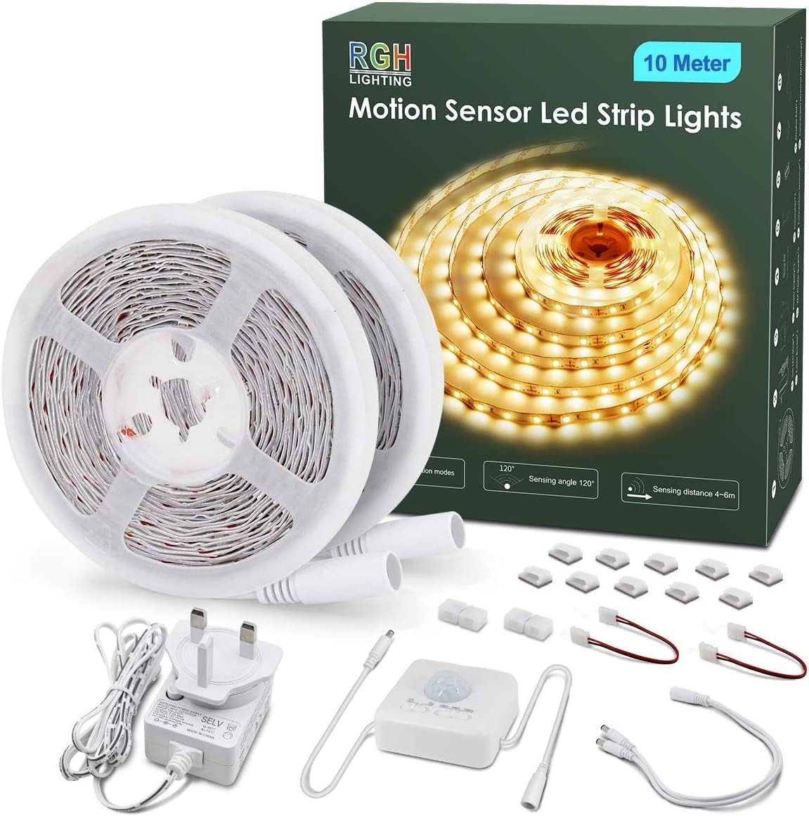 Motion Sensor Led Strip Lights 10 Meters, 3000K Led Light Strip Day or Night Motion Activated 2 Modes for Cabinet Kitchen Living Room Bedroom Stair Decor