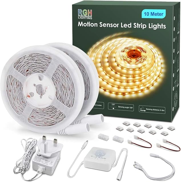 Motion Sensor Led Strip Lights 10 Meters, Led Light Strip Day or Night Motion Activated 2 Modes Led Tape Lights Full Kits for Cabinet Kitchen Living Room Bedroom Stair Decor [Energy Class A++]