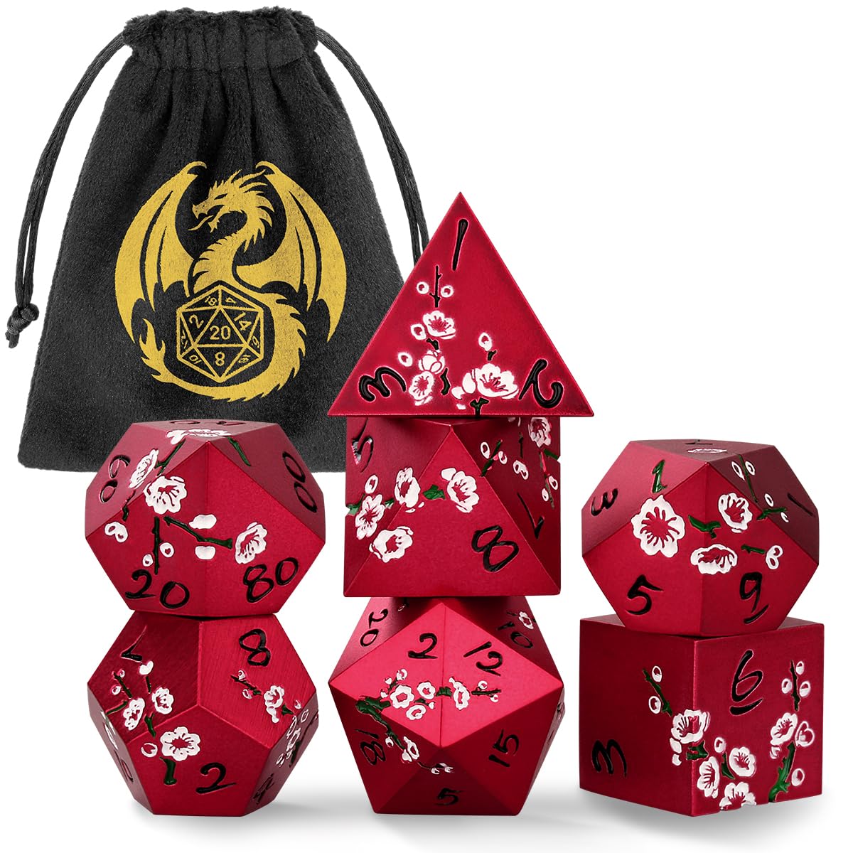Flat Face Plum Blossom Metal Dice Set, 7Pcs DND Polyhedral Dice, D&D Starter Set, Game Nights Accessories, Great for Role Playing Board Games, MTG, Plum Flower Gifts for Men Women, Red with Gift Bag