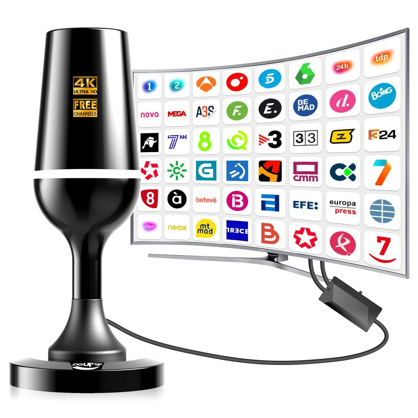 Antena TV Interior Potente, Recepción 80KM Larga Distancia, Antena TV Exterior Portátil con Base Magnética/Amplificador, Soporte 4K 1080P, DVB-T2 VHF UHF VHF- Todos los Televisores
