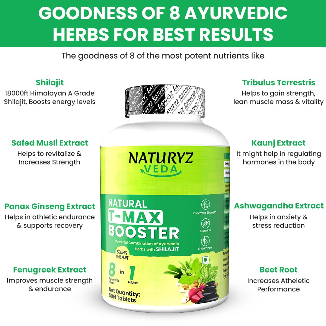 Naturyz Veda Natural T-Max Booster Supreme Power Shilajit 8 with Ayurvedic herbs | , Safed Musli | Kaunch | Ashwagandha | Gokshura | Ginseng | High absorption | Basic Shiljit improves strength, stamina, endurance, energy and muscles for men and women - 50 pills Naturyz Veda Natural T-Max Booster Supreme Power Shilajit 8 with Ayurvedic herbs | , Safed Musli | Kaunch | Ashwagandha | Gokshura | Ginseng | High absorption | Basic Shiljit improves strength, stamina, endurance, energy and muscles for men and women - 50 pills