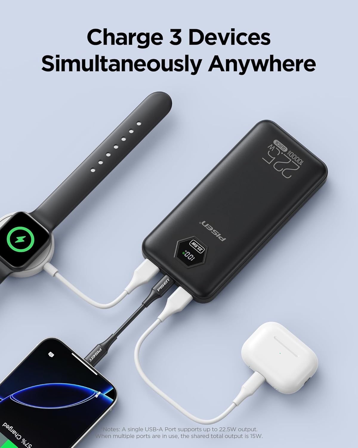 PISEN Power Bank charging a smartphone, smartwatch, and wireless earbuds simultaneously