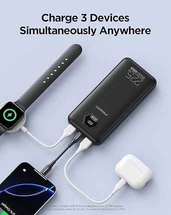 PISEN 10000mAh 3C Power Bank - 10000mAh 22.5W CCC Certified Power Bank, Travel Battery Pack 3C Portable Charger, PD QC LED Display Travel Portable Charger 2USB-A, 1USB-C for iPhone, Samsung and More