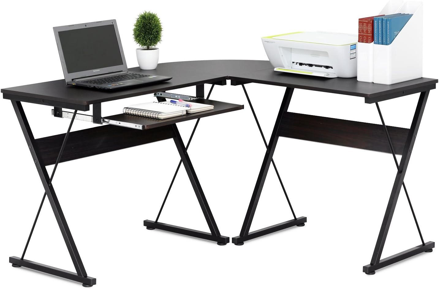 FURINNO Besi L-Shape Metal Frame Computer Desk, Espresso