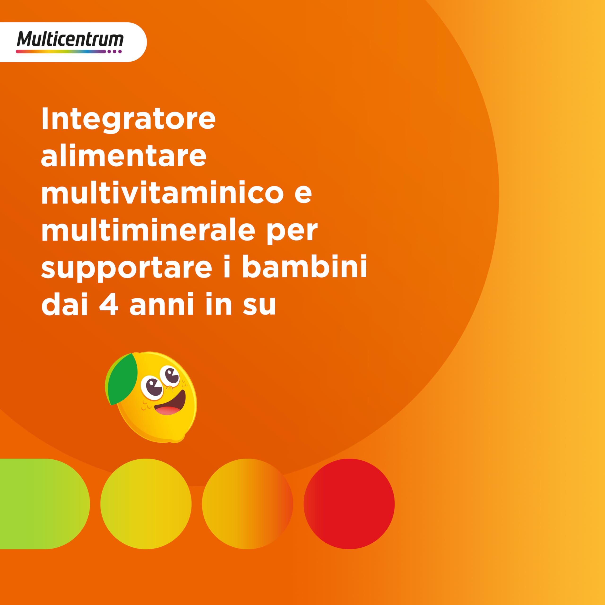 Multicentrum Junior Integratore alimentare Multivitaminico Completo, apporto completo formulato per i bambini 4+, Senza Glutine, Gusto Limone e Lampone, 30 Compresse Masticabili