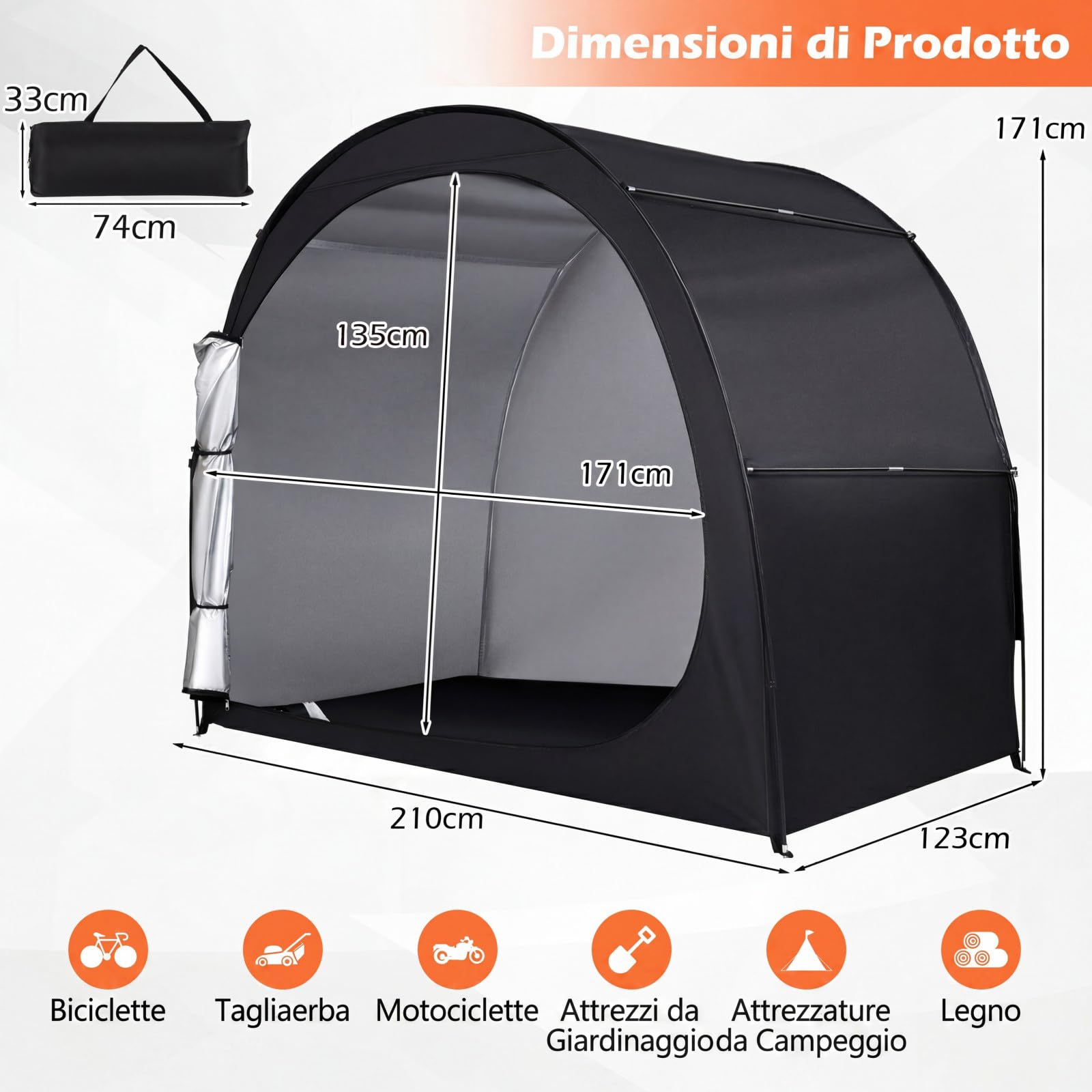 COSTWAY Tenda per Bicicletta, Garage Moto per Esterno con Aste in Fibra di Vetro, Tessuto Oxford, Corde antivento e Picchetti, Capannoni da giardino per bici, Tosaerba, Attrezzi da Giardinaggio