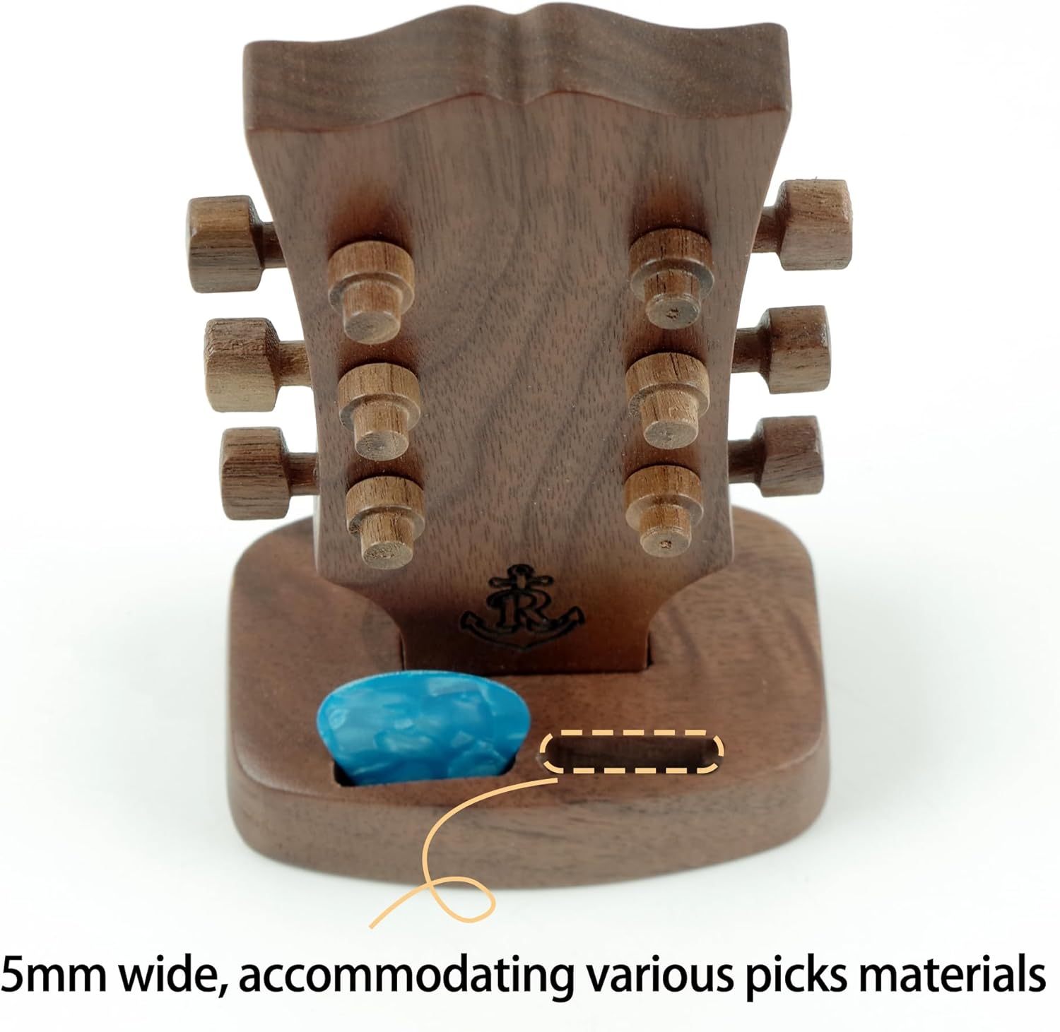 Rockhouse Wooden Guitar Headstock Pick Holder, Walnut Solid Wood Storage Stand Plectrum Organizer with 4 Pick Slots, Gift for Gibson Guitarist